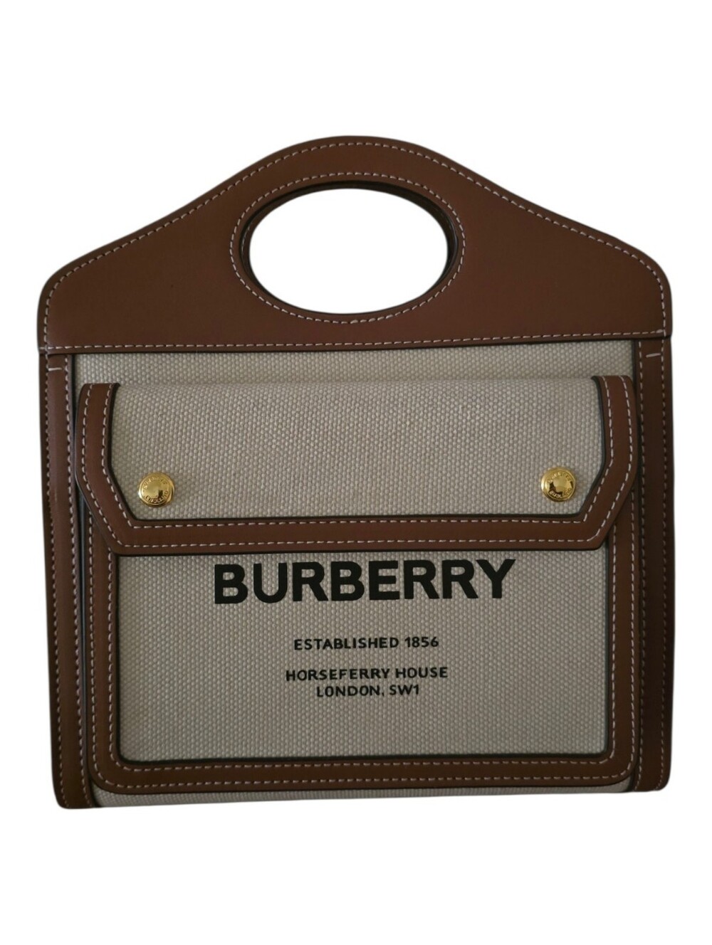 Cream Canvas and Brown Leather Pocket Bag